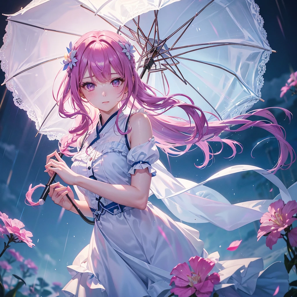 Sky Blue Medium Hair, (Braided Hair),(Pink Eyes),Fair skin ,(whole body),(1 girl)rain,梅rain、Water Dancer、umbrella、Straight bangs,(masterpiece, Highest quality, Very detailed, Best Shadow), (Detailed Background), (Beautifully detailed face), High Contrast, (Best lighting, Very delicate and beautiful), ((Cinematic Light)), colorful, Hyper Detail, Dramatic Light, Intricate details,