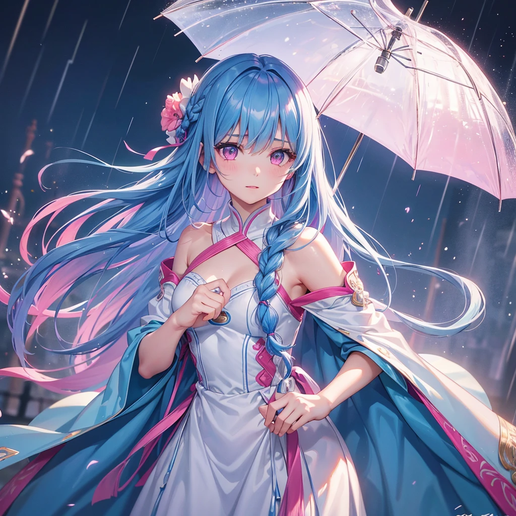 Sky Blue Medium Hair, (Braided Hair),(Pink Eyes),Fair skin ,(whole body),(1 girl)rain,梅rain、Water Dancer、umbrella、Straight bangs,(masterpiece, Highest quality, Very detailed, Best Shadow), (Detailed Background), (Beautifully detailed face), High Contrast, (Best lighting, Very delicate and beautiful), ((Cinematic Light)), colorful, Hyper Detail, Dramatic Light, Intricate details,