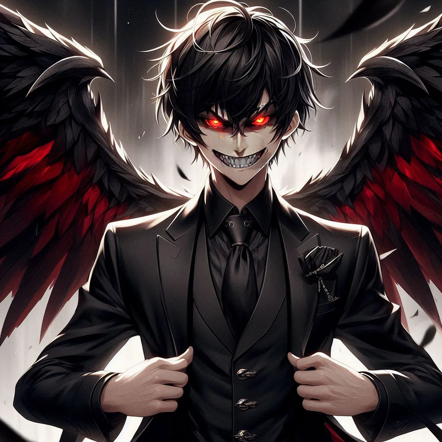 a sinister man with an evil smile, black angry eyes, dark glowing eyes, red glowing eyes, detailed face, masterpiece, ultra-detailed