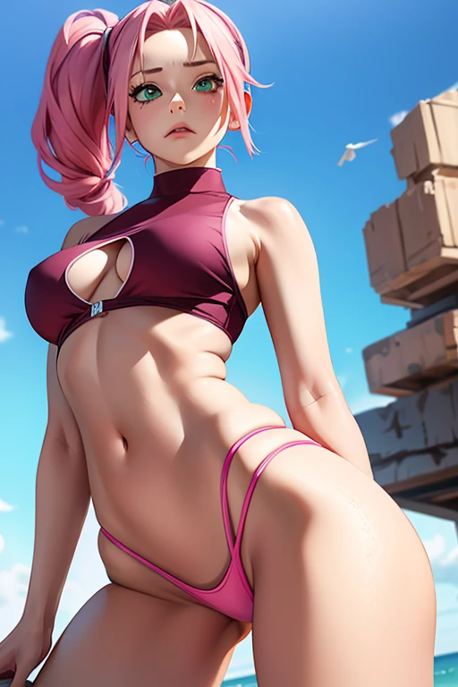 1 girl in public, ashamed, hits, body, perfect slender body, 13 year old girl, pink hair in a side ponytail, sensual neckline, round breasts, micro shorts 1.4, ultra high definition, 4k image, green eyes, character close up camera, tight shorts, v panties, pink panties, low waist panties. Sakura Haruno. Small top and big tits that come out from under the top.
