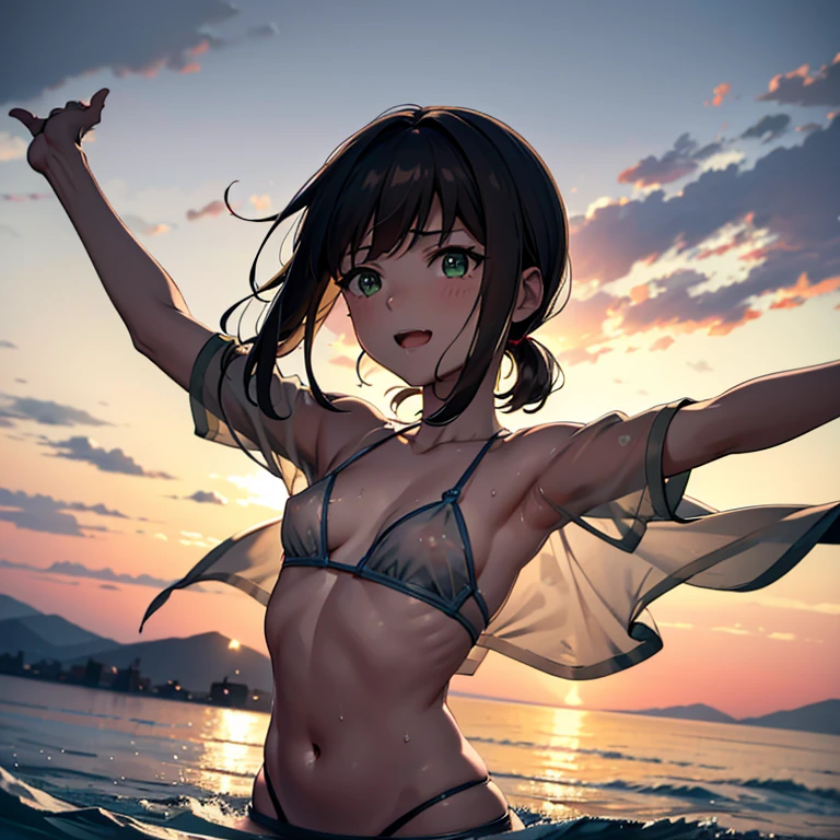 Daytime sea、Anime Nose, anime eye, Anime Mouth,Mouth closed,Underarm,lovelive!,See-through nipples、Nipples are visible,ブラジャーからNipples are visible,Runway,slingshot bikini,Open your arms,Wet Skin, wet hair,Upper Body, green_eye,{{{{{Avert your eyes}}}}},{{Browsing Caution}}, {{{{{from the front}}}},Mouth closed, lovelive!, {{{Anime Mouth}}},{{{{{Upper Body}}}}},{{{{{Portraiture}}}}}, {{{{{Laughter}}}}}, {{{{{Small breasts}}}}},Panty shot, (masterpiece, Highest quality:1.2),shape,8k,High resolution,One Girl,alone,black_hair,short_ponytail, Side Lock,low_ponytail,smile,black_eye,Beach [
