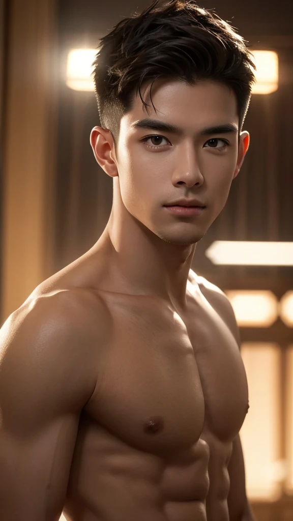 ((masterpiece)),((bestquality)),8k,high detailed,ultra-detailed, depth of field, wide angle,1boy,male focus, handsome face, slim body, topless male, symmetrical portrait,cinematic lighting,, CGI