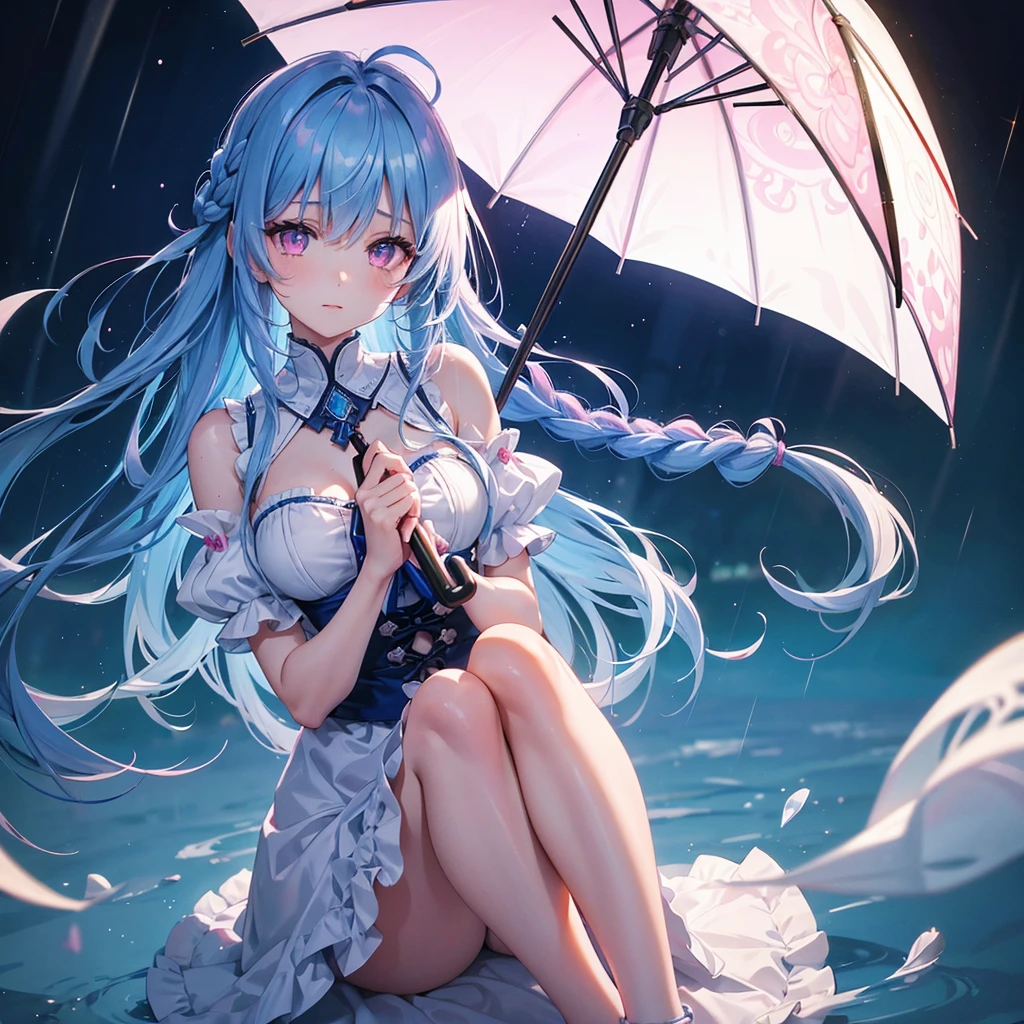 Sky Blue Medium Hair, (Braided Hair),(Pink Eyes),Fair skin ,(whole body),(1 girl)rain,梅rain、Water Dancer、umbrella、Straight bangs,(masterpiece, Highest quality, Very detailed, Best Shadow), (Detailed Background), (Beautifully detailed face), High Contrast, (Best lighting, Very delicate and beautiful), ((Cinematic Light)), colorful, Hyper Detail, Dramatic Light, Intricate details,