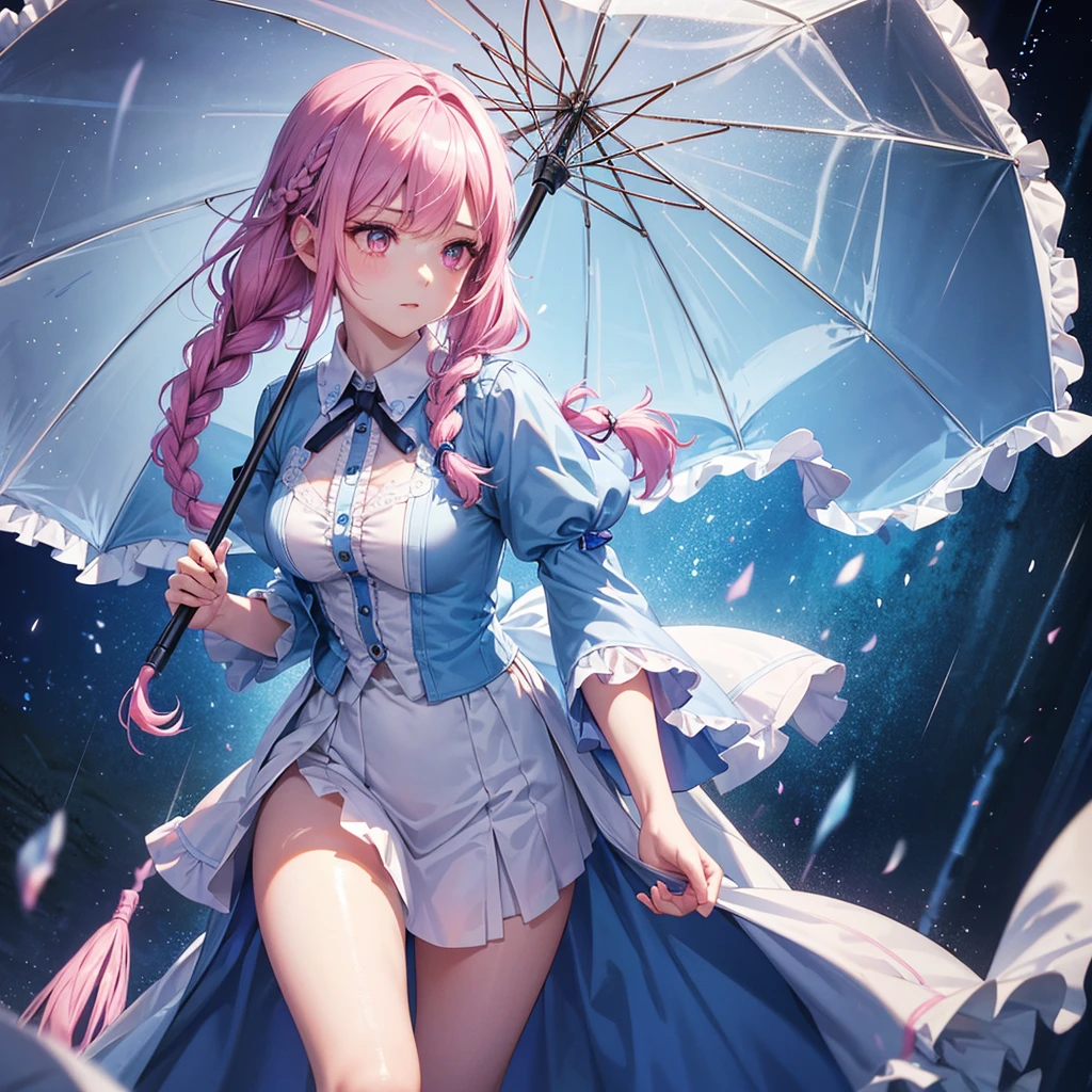 Sky Blue Medium Hair, (Braided Hair),(Pink Eyes),Fair skin ,(whole body),(1 girl)rain,梅rain、Water Dancer、umbrella、Straight bangs,(masterpiece, Highest quality, Very detailed, Best Shadow), (Detailed Background), (Beautifully detailed face), High Contrast, (Best lighting, Very delicate and beautiful), ((Cinematic Light)), colorful, Hyper Detail, Dramatic Light, Intricate details,