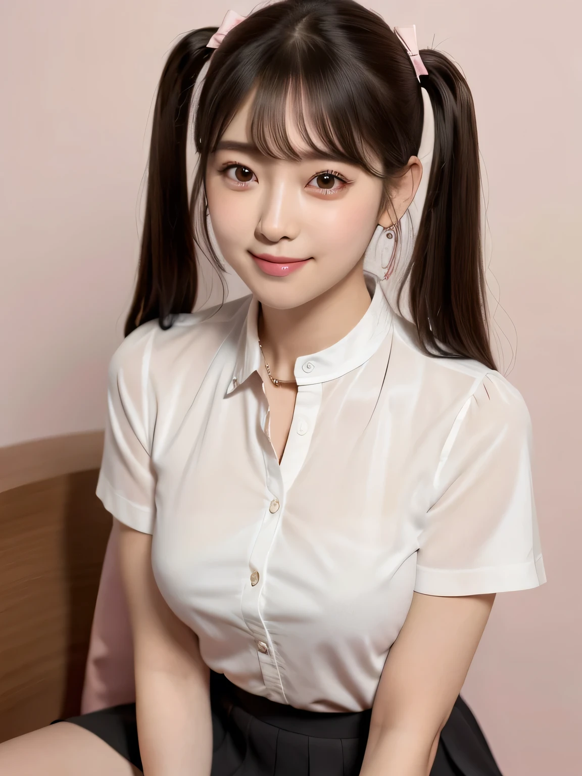 Twin tails、20,Earrings、very cute、Ulzzang, (8k, RAW Photos, Highest quality, masterpiece: 1.2), (Realistic, photo-Realistic: 1.37), Very detailed, 1 girl, cute, alone, Beautifully detailed skies, Detailed Coffee, Pink wall、Sitting, Date, (My nose turned red), (smile: 1.1), (Mouth closed), Medium chest, Beautiful attention to detail, (A short-sleeved shirt with a collar and an open front: 1.1), sexy、Pleated skirt,((Symmetrical eyes))、sexy、I can see your thighs、sexy