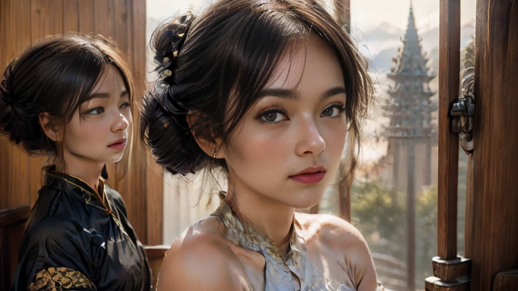 (RAW photo, best quality), (realistic, photo-realistic:1.3), extremely delicate and beautiful, Amazing, finely detail, masterpiece, ultra-detailed, highres,(best illustration), (best shadow),intricate,
A beautiful female Taoist priest wearing white see through robe, hair bun,sits on the eaves of the Taoist temple, overlooking the meditating priests below. In the distance, there are pavilions, towers, and distant mountains adorned with floating clouds,(loong in the background:1.3),sunset,storm,
sharp focus, volumetric fog, 8k UHD, DSLR, high quality, (film grain:1.4), Fujifilm XT3,