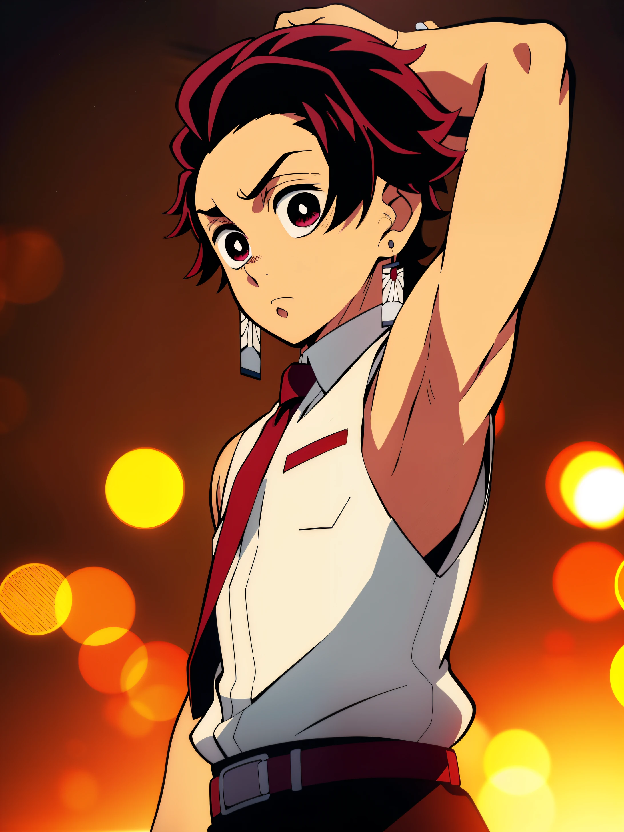 Highres, Masterpiece, Best quality at best,Best Quality,hight quality, hight detailed, Anime style, 1boy, Shota, young boy, Solo person, Tanjiro, red hair, earring, Sleeveless uniform, Tie, belt, school, Seen from the front, look at viewer, upper body, (very young boy), (very small and short body), -yeld bo (Showing armpit:1.3), hansome boy, Uhd, Bokeh