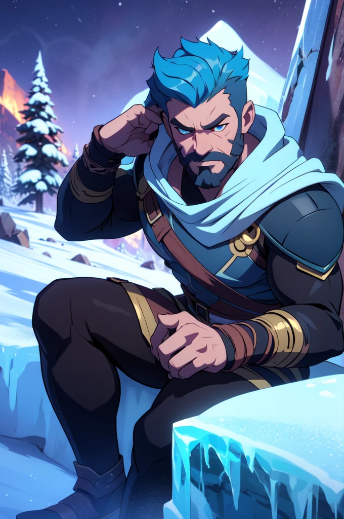 (ragnarok fortnite character), man, sitting on a rock, armor, blue hair and beard, snowy landscape with ice crystals.  (best quality, 4k, 8k, high resolution, masterpiece: 1.2), Ultra detailed) Very detailed face, detailed facial features