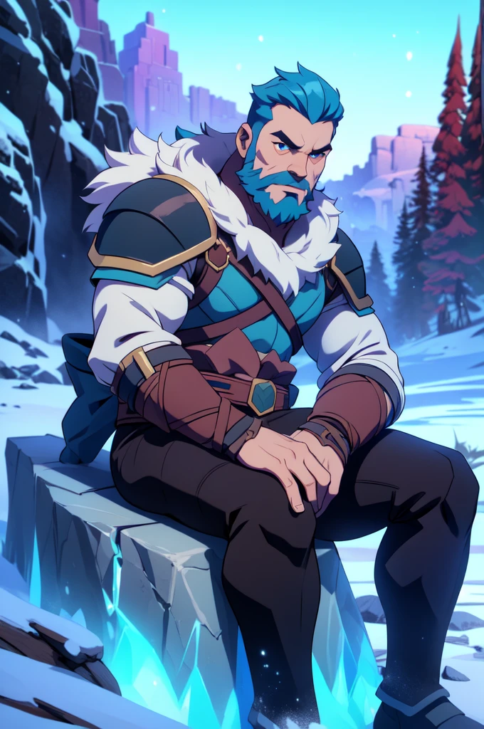 (ragnarok fortnite character), man, sitting on a rock, armor, blue hair and beard, snowy landscape with ice crystals.  (best quality, 4k, 8k, high resolution, masterpiece: 1.2), Ultra detailed) Very detailed face, detailed facial features