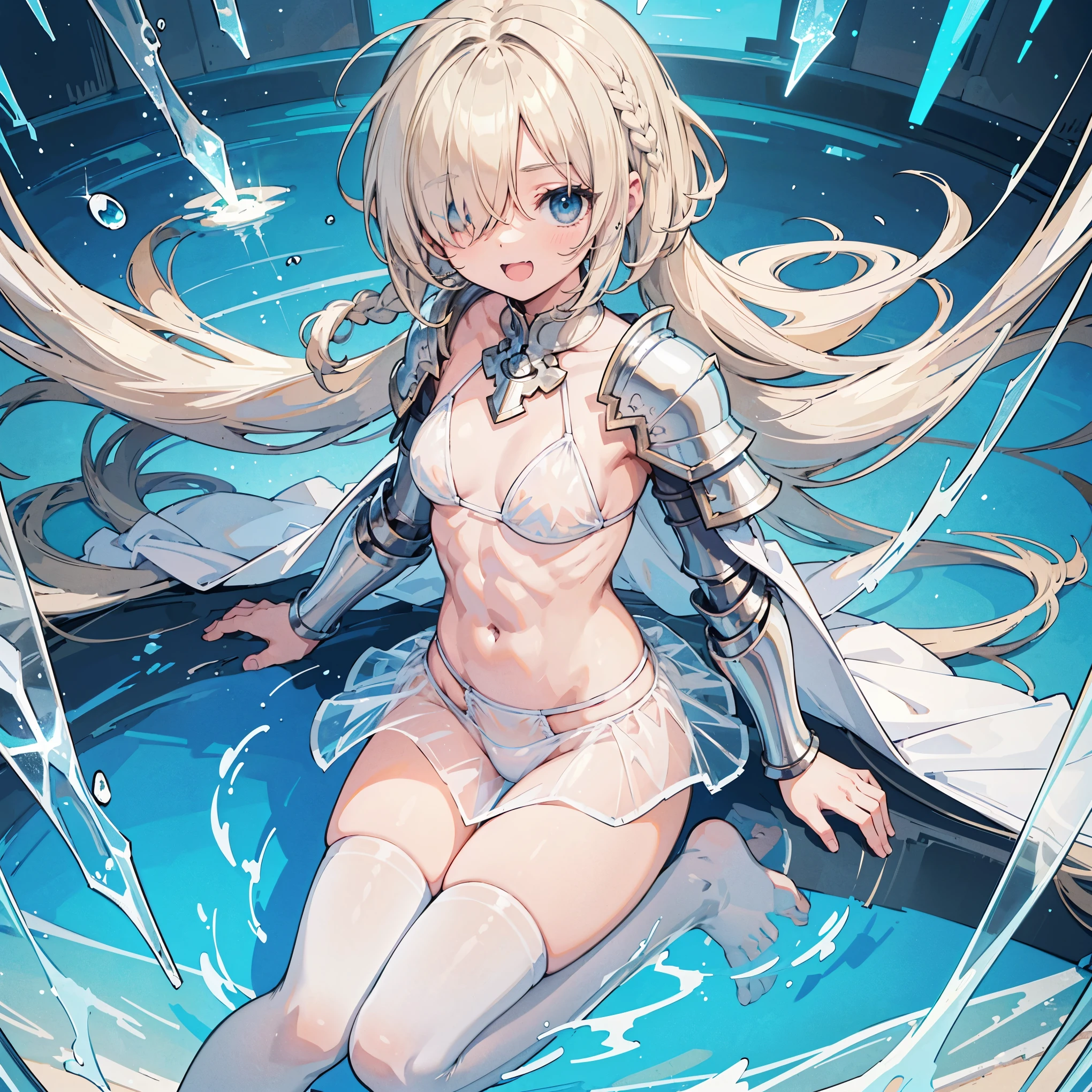 (masterpiece:1.2), (highest quality:1.2), perfect eyes, perfect face, perfect lighting, middle ages, room, 1 boy,blonde aqua eye, ((((((hair over one eye,)))))), Braidスタイル, spike hair, dull bangs, bob hair, Braid, Ahoge, robe ((((Transparent white bikini armor)))), Thighhighs, skirt, cute eyes, Medium chest, bright, ((From above)), open your mouth, vivid description,orgasm, I was scared, ((abs)) Ahegao, smile+Happy, tooth, anger, sitting,From the side