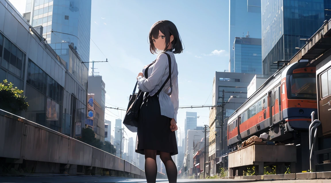 A woman stands on a strap in a train, with skyscrapers visible from the train window.