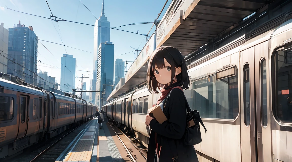 A woman stands on a strap in a train, with skyscrapers visible from the train window.