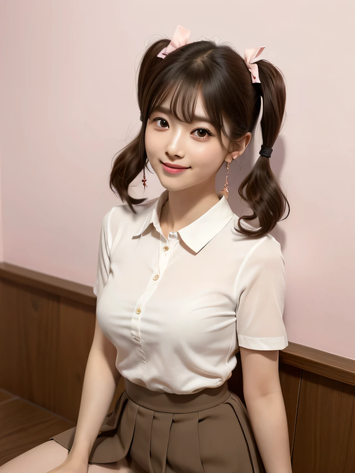 Twin tails、20,Earrings、very cute、Ulzzang, (8k, RAW Photos, Highest quality, masterpiece: 1.2), (Realistic, photo-Realistic: 1.37), Very detailed, 1 girl, cute, alone, Beautifully detailed skies, Detailed Coffee, Pink wall、Sitting, Date, (My nose turned red), (smile: 1.1), (Mouth closed), Medium chest, Beautiful attention to detail, (A short-sleeved shirt with a collar and an open front: 1.1), sexy、Pleated skirt,((Symmetrical eyes))、sexy、I can see your thighs、sexy