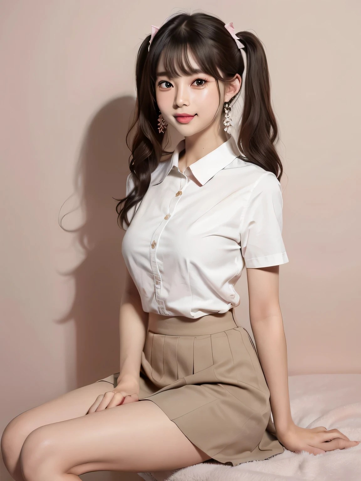 Twin tails、20,Earrings、very cute、Ulzzang, (8k, RAW Photos, Highest quality, masterpiece: 1.2), (Realistic, photo-Realistic: 1.37), Very detailed, 1 girl, cute, alone, Beautifully detailed skies, Detailed Coffee, Pink wall、Sitting, Date, (My nose turned red), (smile: 1.1), (Mouth closed), Medium chest, Beautiful attention to detail, (A short-sleeved shirt with a collar and an open front: 1.1), sexy、Pleated skirt,((Symmetrical eyes))、sexy、I can see your thighs、sexy