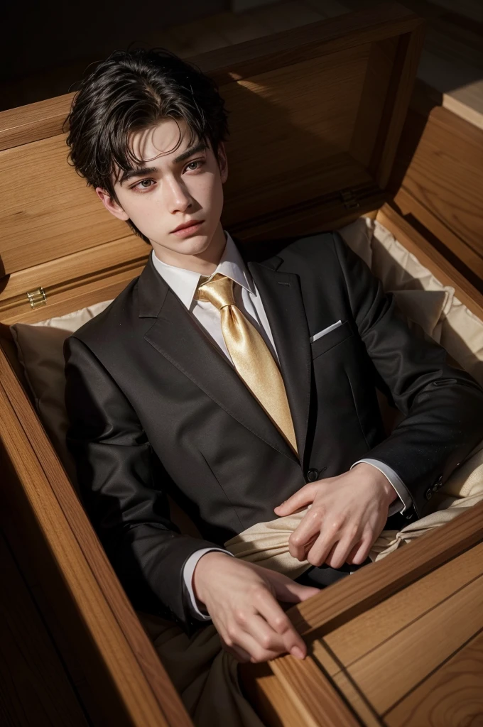 An 18-year-old man is lying in a coffin, wearing a sharp black suit and a well-fitting tie. He has pale skin and is playing dead, with a small object (like a flower or paper) placed over the nose. Your facial expression is serene and relaxed, no signs of life. The coffin is made of dark wood, polished and shiny, with detailed finishes and golden ornaments. The surrounding environment is a funeral room, with soft lighting and flowers around the coffin, creating a contrast between the seriousness of the moment and the boy's youth. ULTRA REALISTIC 4K PHOTO