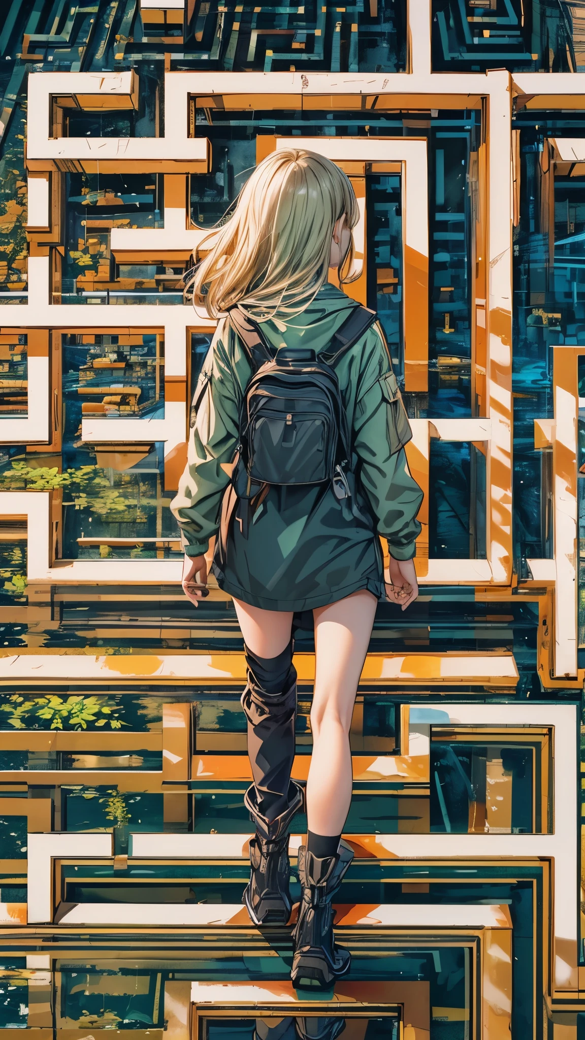 (highest quality, High resolution, Vibrant colors, Realistic), (Inside a giant maze made from a pool), 1 girl, 20-year-old female, Wearing military-style clothing, short blonde, walk through the maze, Mysterious lighting, Unrealistic atmosphere, Reflection Pool, Towering walls, complicated route, Distorted reflections, hidden passage, Quiet and eerie, A sense of adventure, Expectations, expedition, A twist that bends the heart, Unexpected Encounter, Isolation, vast and infinite, Immersive Experience, Escape to another world, A surreal journey