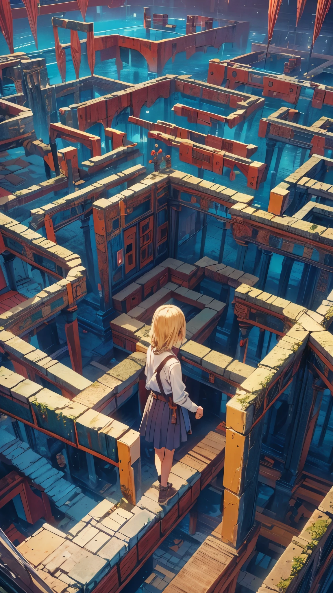 (highest quality, High resolution, Vibrant colors, Realistic), (Inside a giant maze made from a pool), 1 girl, 20-year-old female, Wearing military-style clothing, short blonde, walk through the maze, Mysterious lighting, Unrealistic atmosphere, Reflection Pool, Towering walls, complicated route, Distorted reflections, hidden passage, Quiet and eerie, A sense of adventure, Expectations, expedition, A twist that bends the heart, Unexpected Encounter, Isolation, vast and infinite, Immersive Experience, Escape to another world, A surreal journey