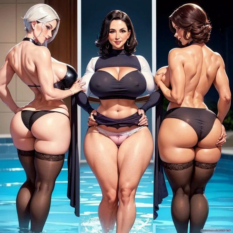 ((multiple medium thick body mature women age 35 American milf super model)) wearing nuns blouse with skirt, smiling, nipples exposed, lineup greeting viewer, 2women, hands on hips, (((lift skirt show panties to viewer, 3outfits 3panels, show back view, show hands grabbing ass))), by the pool