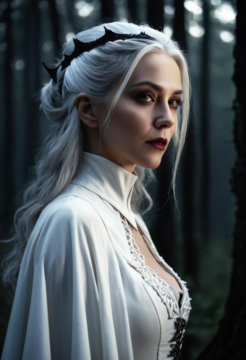 a beautiful woman, 30 years old, caucasian, grey eyes, white hair, witch, profile portrait, white clothing with bone details, sharp bones around, dark forest background, (best quality,4k,8k,highres,masterpiece:1.2),ultra-detailed,(realistic,photorealistic,photo-realistic:1.37),intricate details,chiaroscuro lighting,moody atmosphere,dramatic lighting,dark fantasy,gothic,occult
