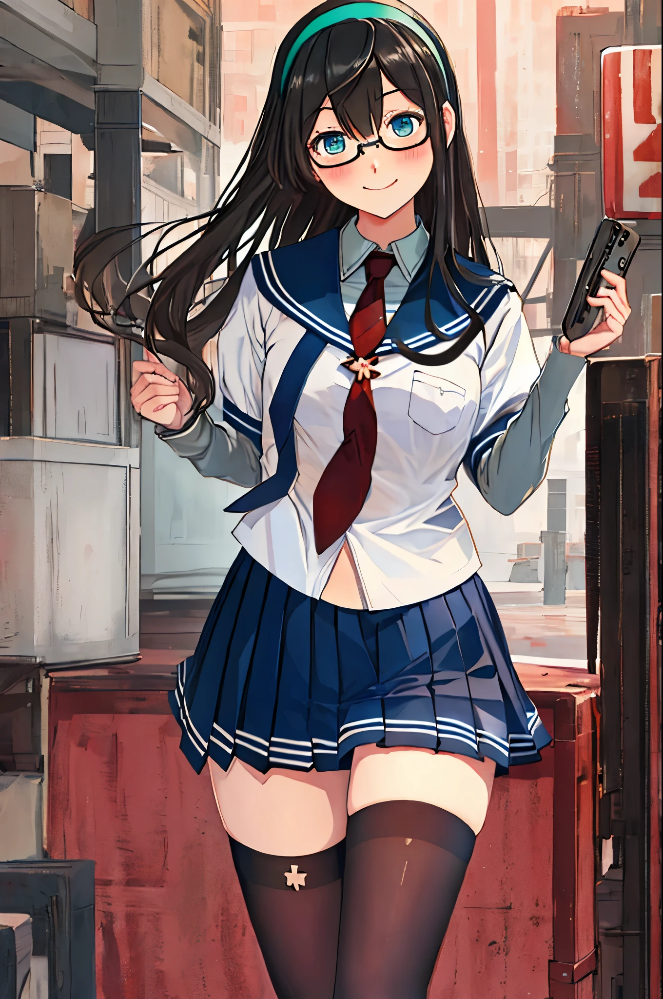 best quality, masterpiece, highres, solo, {ooyodo_kantaicollection:1.15}, black_hair, long_hair, glasses, hairband, semi-rimless_eyewear, under-rim_eyewear, blue_eyes, green_eyes, blush,small_breasts, 1girl, school_uniform, serafuku, pleats_skirt, looking_at_viewer, necktie, harbor_town_background, red_necktie,(angry:0.7),smile,,thigh-highs,,selfie