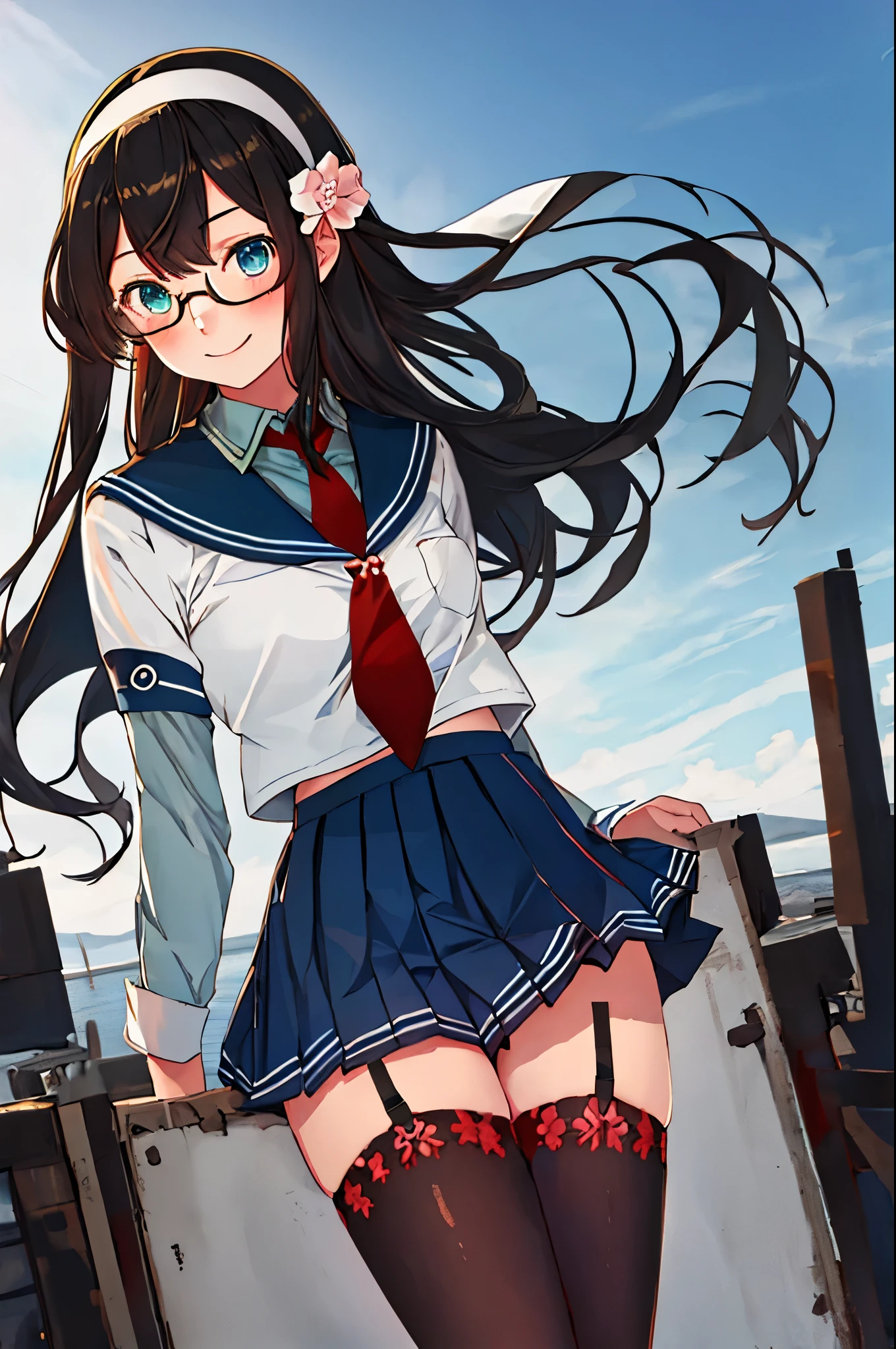 best quality, masterpiece, highres, solo, {ooyodo_kantaicollection:1.15}, black_hair, long_hair, glasses, hairband, semi-rimless_eyewear, under-rim_eyewear, blue_eyes, green_eyes, blush,small_breasts, 1girl, school_uniform, serafuku, pleats_skirt, looking_at_viewer, necktie, harbor_town_background, red_necktie,(angry:0.7),smile,,thigh-highs,,selfie