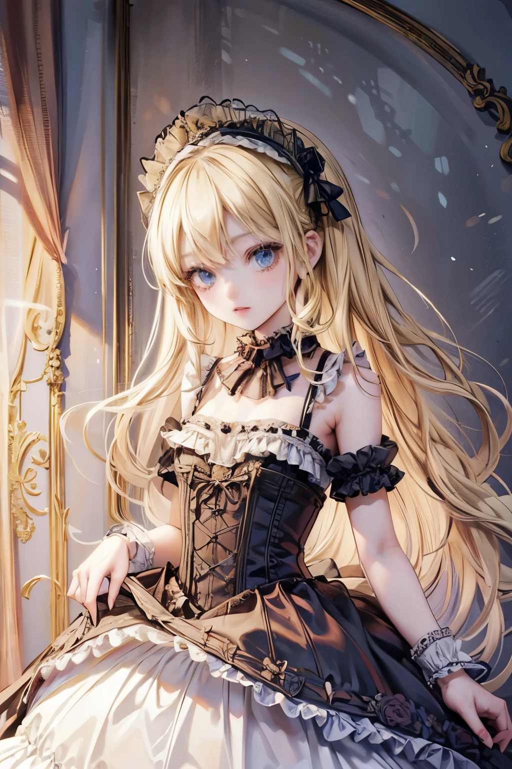 masterpiece,Highest quality,Very detailed,beautiful girl,Gothic Lolita Dress, teenager, (full body),Blonde,Perfect Face,Beautiful and detailed eyes,Beautiful Skin,skinny,Dynamic,palace,