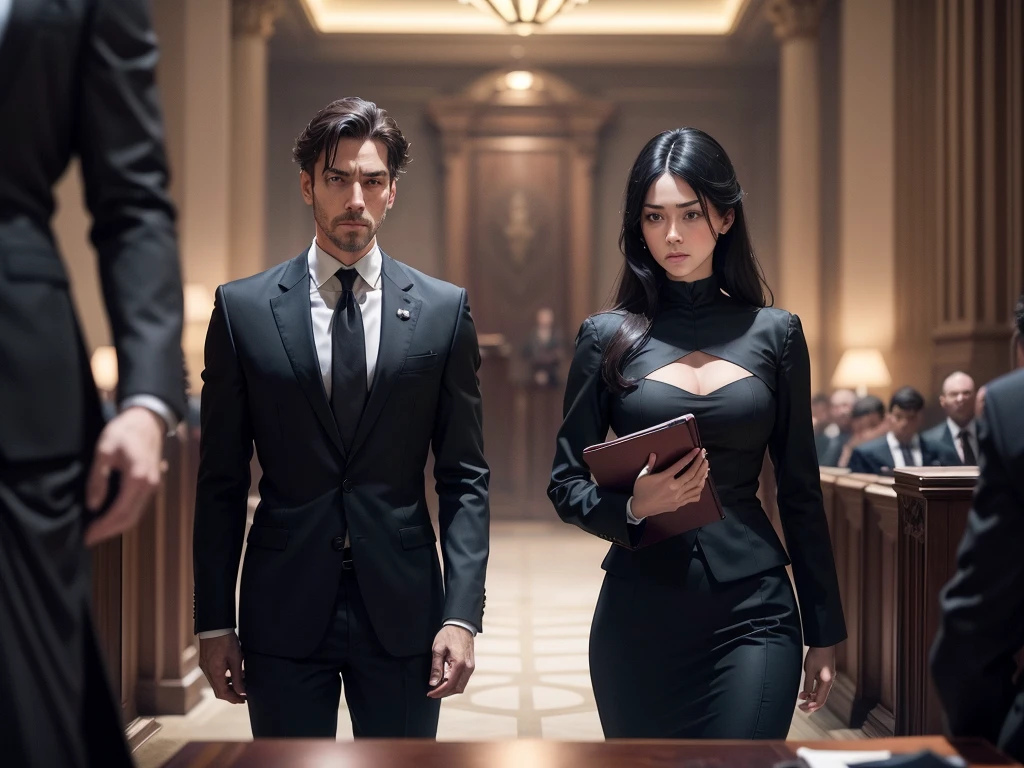 a sharp lawyer, dressed in a sleek black suit, pleadings a case before a stern judge. The judge, a stern-looking man, The scene is set against a backdrop of a grand courtroom, (depth of fieldovie lighting),(light and shadow effect),(Unreal 5),(masterpiece),(8k wallpaper),photorealestic,realisticlying