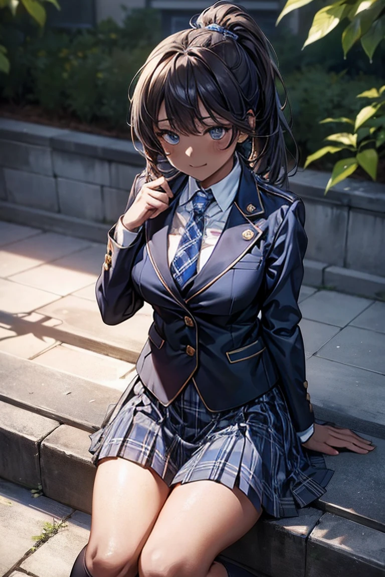 (8k), (Highest quality: 1.2), (Realistic), (Realistic: 1.37), Ultra-high resolution, (1 girl), cute, smile, Mouth closed, Beautiful details, Beautiful Nose, Wet Hair, ponytail,Giant Dulcefo, pork, Thighs，Self Snap,University Uniforms,Simple(Navy Blue Blazer:1.2),Pleated skirt,(The skirt and tie are gray tartan check pattern......:1.3),(Sitting:1), Sit on the ground,(Hold my feet:1),(Black knee-high socks),from the front,knees