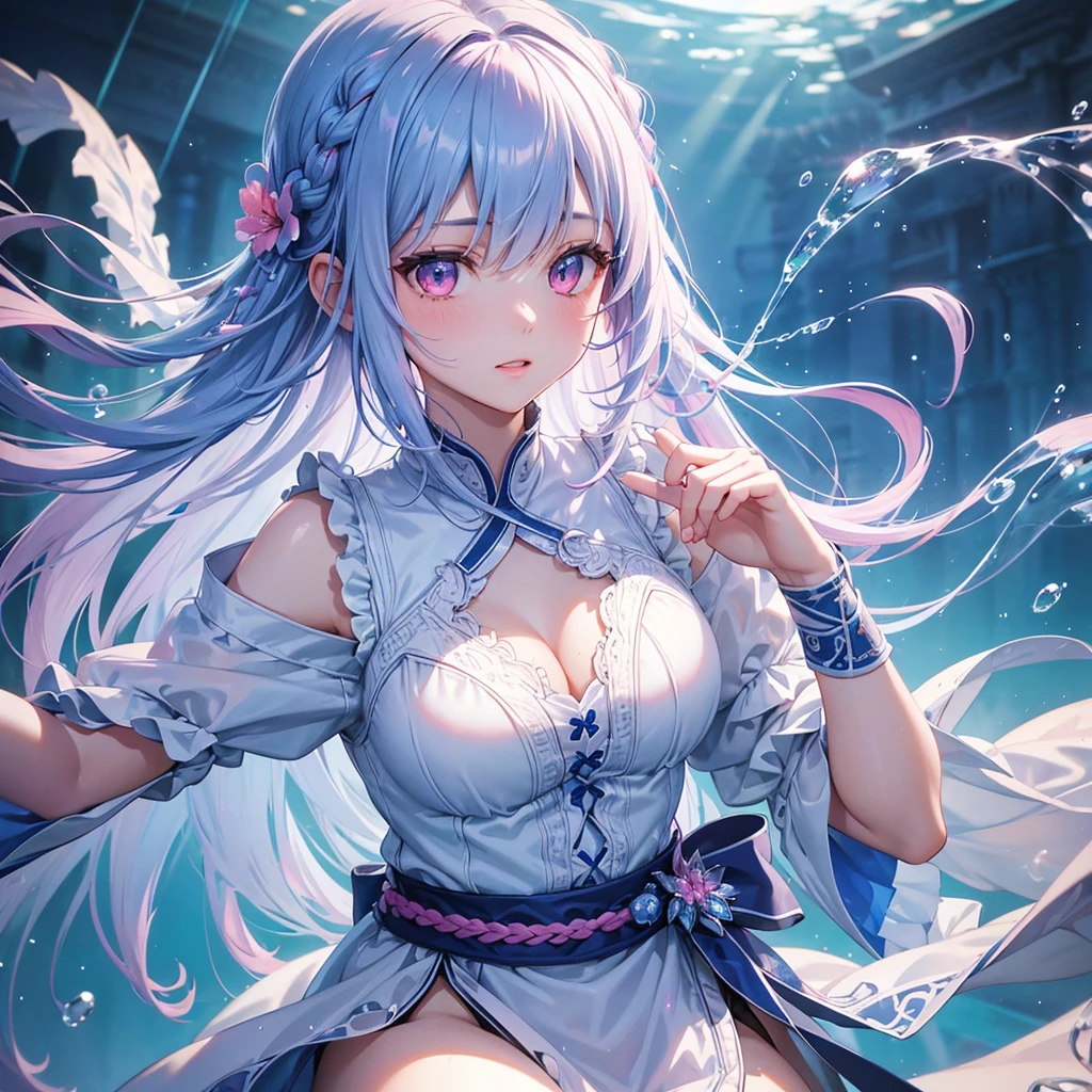 Sky Blue Medium Hair, (Braided Hair),(Pink Eyes),Fair skin ,(whole body),(1 girl)rain,梅rain、Water Dancer、Water Fairy、Straight bangs,(masterpiece, Highest quality, Very detailed, Best Shadow), (Detailed Background), (Beautifully detailed face), High Contrast, (Best lighting, Very delicate and beautiful), ((Cinematic Light)), colorful, Hyper Detail, Dramatic Light, Intricate details,