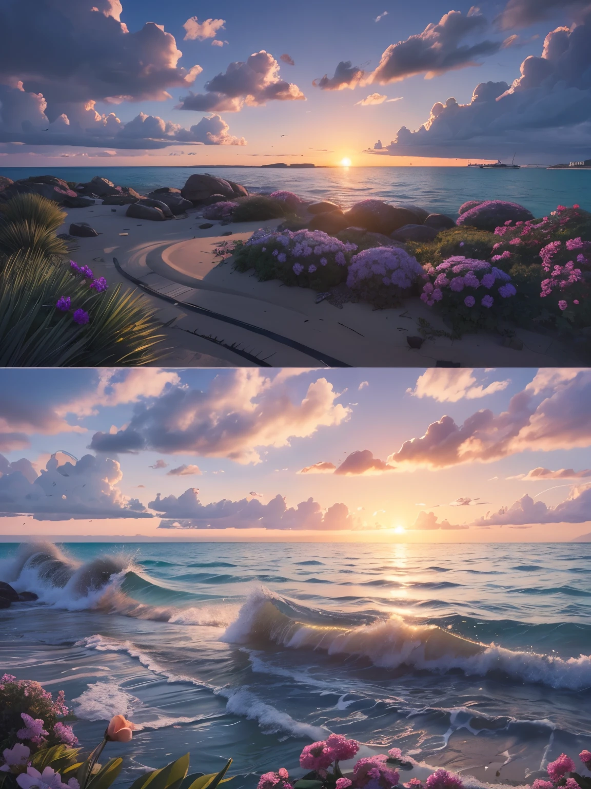 landscape, summer, sunset, okinawa, sea, uninhabited, beach, nobody, hot weather, sunset, HD detail, ultra detail, film, hyperrealism, soft light, deep focus bokeh, ray tracing, art station pixiv gwise, makoto shinkai, art germ