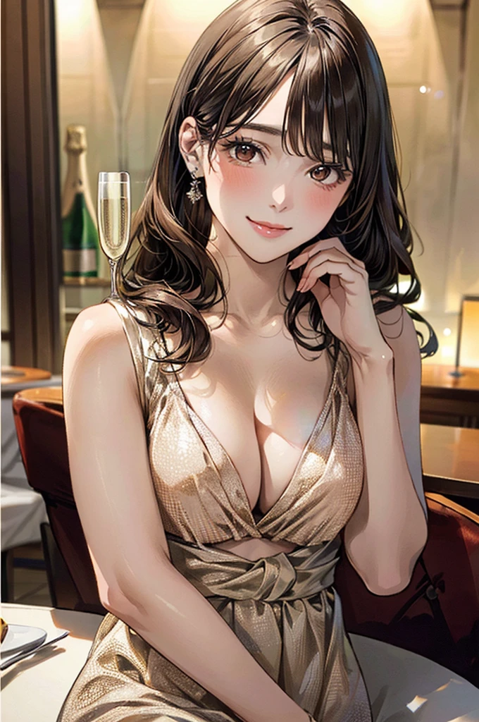 (masterpiece:1.3, Highest quality, Ultra-high resolution, Super detailed), (Realistic, photoRealistic:1.4), Beautiful illustrations, Perfect lighting, Natural light, Romantic lighting, colorful, Depth of written boundary, NFSW, 
View your viewers, (View through the table), 1 girl, Japanese, 15 years old, Perfect Face, (Perfect Anatomy), Cute and symmetrical face, Baby Face, Glowing Skin, 
(Long Hair, Updo Hair, Brown Hair), Swept-apart bangs, Chestnut brown eyes, Long eyelashes, (Large Breasts:0.8, Captivating thighs, Big Ass), 
Beautiful Hair, Beautiful Face, Beautiful attention to detail, Beautiful clavicle, Beautiful body, Beautiful breasts, Beautiful thighs, Beautiful feet, Beautiful fingers,  
Neat and clean dresses、
(Beautiful views), dinner, (Champagne glasses, Fine dining:1.4), Tilt your head, (Cute smile, Upward glance), 