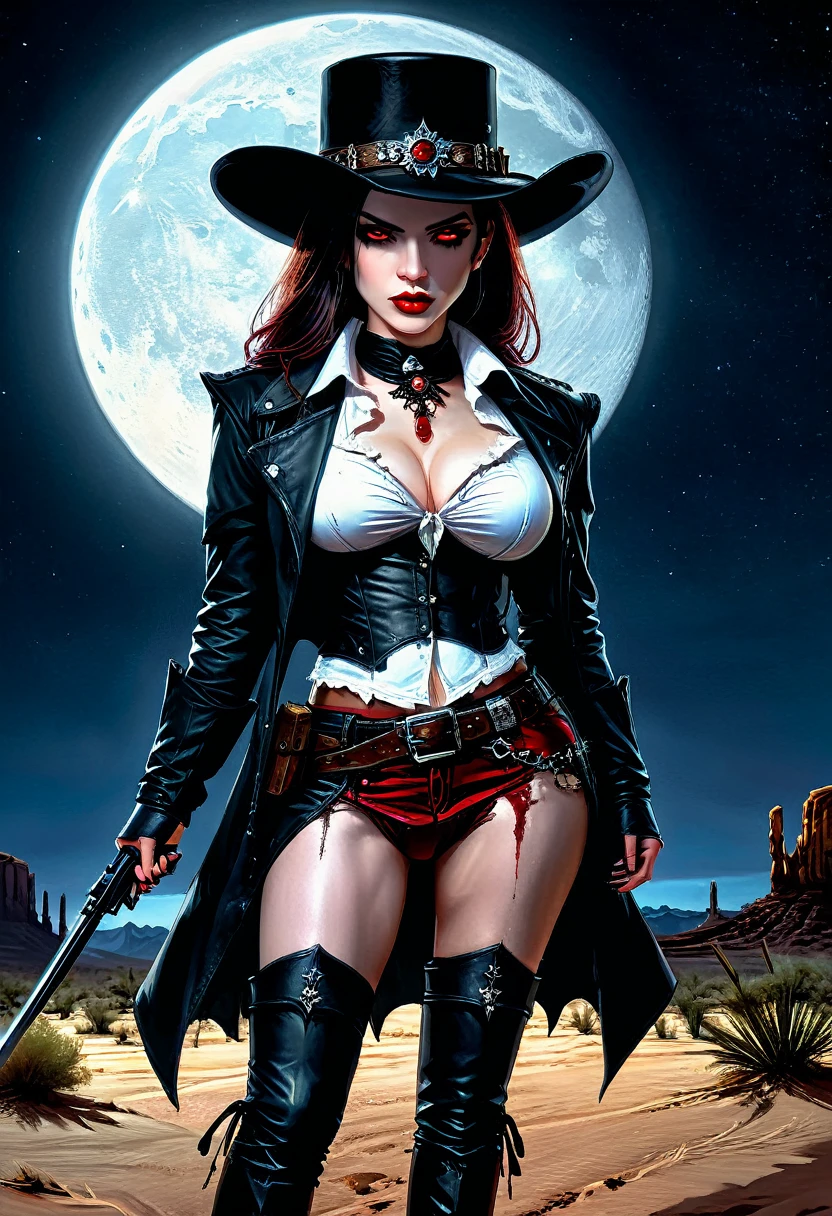 (19th century photograph style picture: 1.3) of a female vampire cowboy in the desert night, a goth beauty, exquisite beautiful female vampire, ((anatomically correct: 1.5), (ultra detailed face: 1.2), best detailed face, red glowing eyes, full body, busty, wearing white bottom shirt, short skirt, dynamic color. wearing (cowboy hat: 1.2), wearing high heeled boots, she has a pistol in an holster,  it is night time in the desert, moon light. moon rays, west America desert canyon background, Hyperrealism style, vibrant, Ultra-high resolution, High Contrast, (masterpiece:1.5), highest quality, Best aesthetics), best details, best quality, highres, ultra wide angle, 16k, [ultra detailed], masterpiece, best quality, (extremely detailed) RAW, chumbasket art style, rpg portrait photograph, BloodSoakedAI