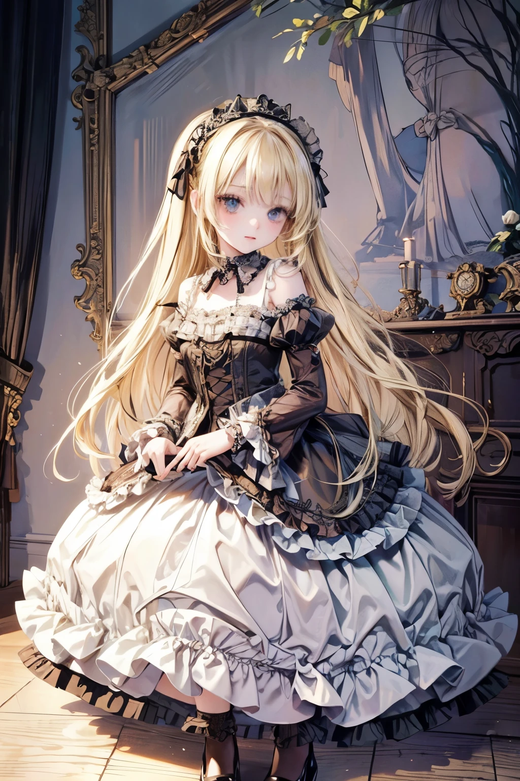 masterpiece,Highest quality,Very detailed,beautiful girl,Gothic ta Dress, teen, (full body),Blonde,Perfect Face,Beautiful and detailed eyes,Beautiful Skin,skinny,Dynamic,palace,