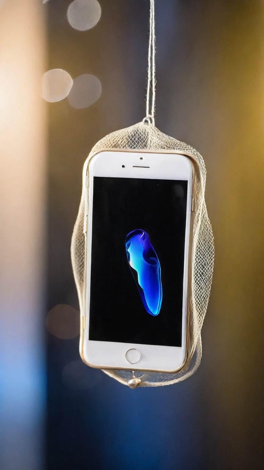 A mobile phone is placed on a transparent glasssilk,suspended in the air,beautiful and soft light,