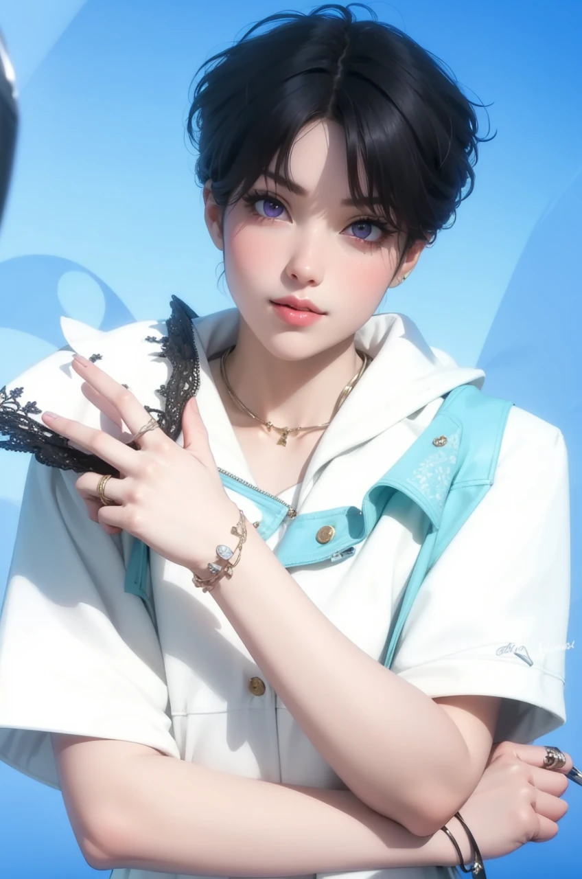 (masterpiece, best quality), intricate details, thin, ((slim)), beautiful girl, Light pink hair, white skin, light purple eyes, sharp jawline, cropped jacket, messy hair, lips, upper body, smirk