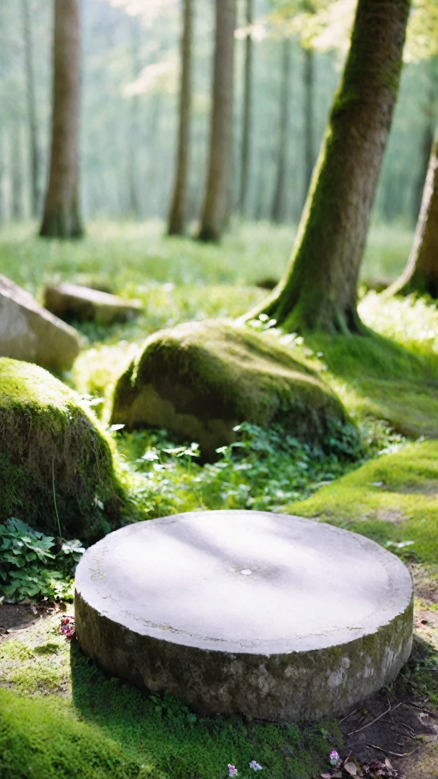 anansl, flat round stone slab, forest, moss, no humans, outdoors, scenery, nature, tree, sunlight, day, depth of field, water, flower
