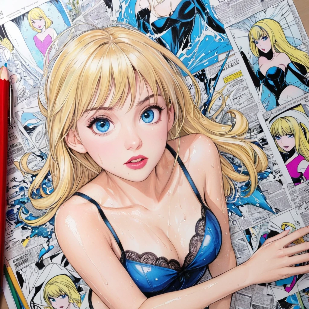 gwen stacy,short wet transparent camisole,blonde hair and blue eyes, white,accurate perfect hands, Art,ad,colour pencil drawing,draft drawing ,comic collage,illustration