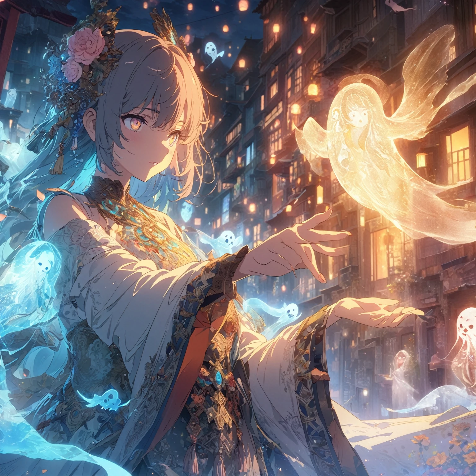 A girl with light-colored hair adorned with flowers and traditional accessories. She is wearing an intricate outfit with detailed embroidery and multiple layers. The character is extending one arm forward, interacting with a semi-transparent ghostly figure that seems to be responding to her gesture. Surrounding her are floating orbs of various sizes emitting a soft glow, enhancing the mystical atmosphere. The background features an illuminated street at dusk or night, lined with buildings that have lit windows and traditional architecture. The ability to manipulate ghosts is suggested by her interaction with the ghostly figure, detailed gorgeous face| anime style| key visual| intricate detail| highly detailed| breathtaking| vibrant| panoramic| cinematic| Carne Griffiths| Conrad Roset| gibbli 8k.