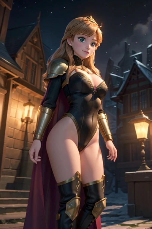 Female Knight、beautiful girl、Huge 、Excellent style、Nice body、glamorous、Black leotard、armor、bra chest armor、Knee Boots、Gauntlet、hair ornaments、Brown long hair、Ahoge、Medieval city、I could see the whole body、Outside the house、Night view、Laughter、stop、Are standing、Legs slightly open、Cowboy Shot、alone、Anna of Arendelle