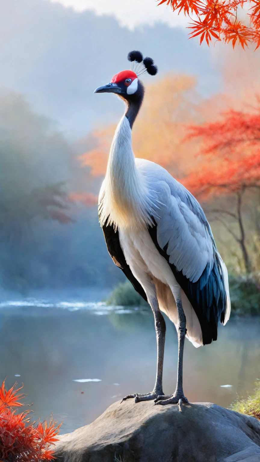 animate,cartoon,animal,skin tight,(shiny skin),dreamlike,(extreme detailed illustration),check commentary,commentary request,scenery,no text,solo,dan ding he,red-crowned crane,A bird's beak,A pair of wings,A pair of bird legs,no humans,forest,Stream,Spring water,Fog,Tyndall light effect,Fallen leaves, masterpiece,best quality,highly detailed,Amazing,finely detail,extremely detailed CG unity 8k wallpaper,score:>=60, incredibly absurdres,wallpaper,realistic,real,photo,landscape,foreshortening,