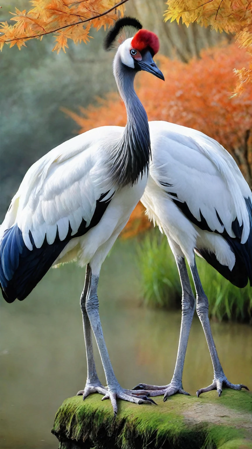 animate,cartoon,animal,skin tight,(shiny skin),dreamlike,(extreme detailed illustration),check commentary,commentary request,scenery,no text,solo,dan ding he,red-crowned crane,A bird's beak,A pair of wings,A pair of bird legs,no humans,forest,Stream,Spring water,Fog,Tyndall light effect,Fallen leaves, masterpiece,best quality,highly detailed,Amazing,finely detail,extremely detailed CG unity 8k wallpaper,score:>=60, incredibly absurdres,wallpaper,realistic,real,photo,landscape,foreshortening,