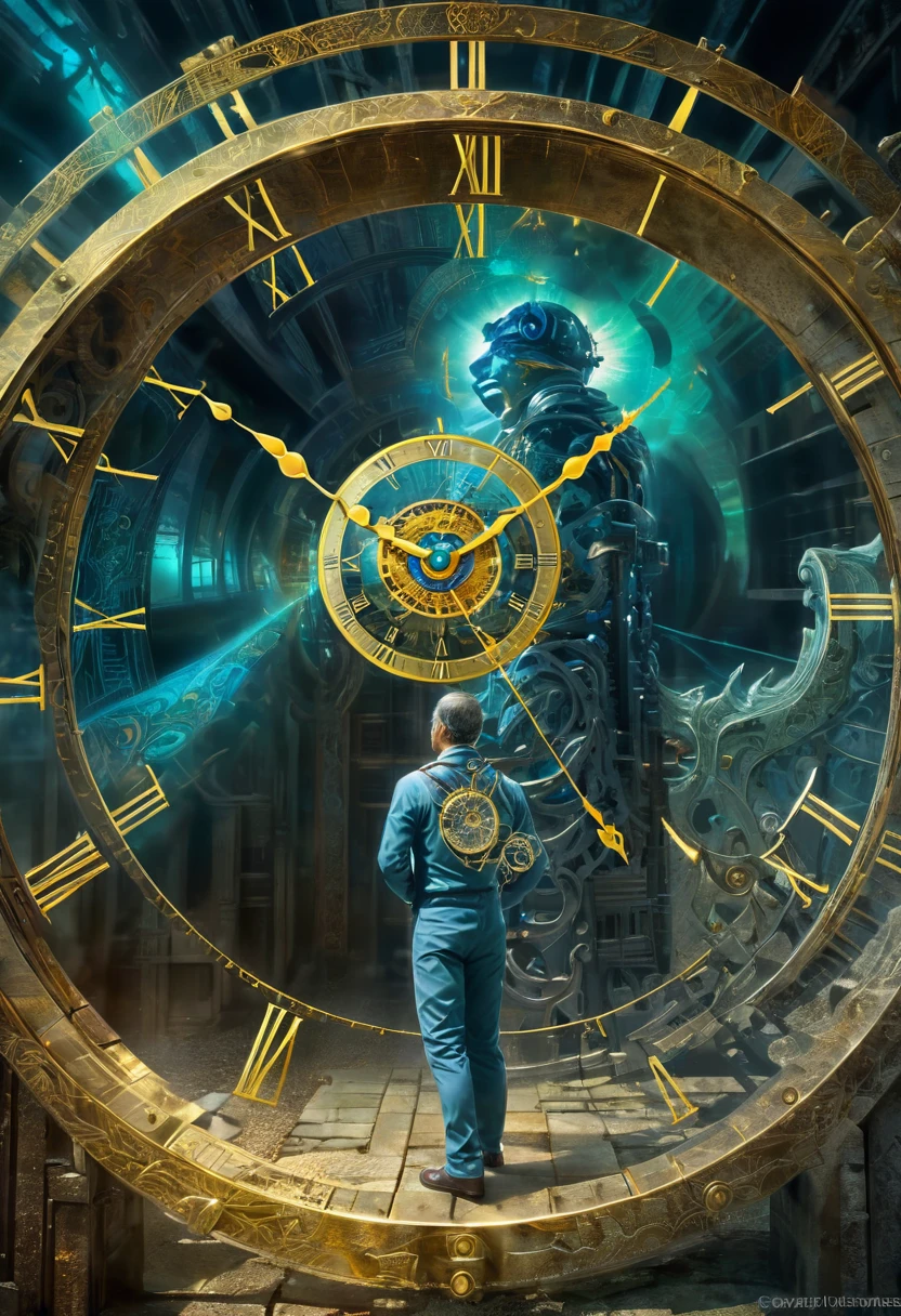 Double exposure of man, clock and time gate.Forgotten Gateway of Time and Space/Forgotten Gate of Time and Space/The forgotten door of time and space.Mysteries that span time and space. (best quality, masterpiece, Representative Works, official art, professional, 8k)(masterpiece, best quality),