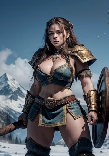 a painting of a powerful and muscular 19-year-old mountain dwarf,50 tall with 70 kilos in bearskin armor that only covers her breasts, she only wears pants that barely cover her powerful muscular thighs, she wears furry leather boots, holding a large and powerful combat hammer with both hands she is standing epically ready for combat, war hammer, war hammer, dwarf warrior woman, a beautiful berserker woman, north female warrior, Female Warrior, north adult female warrior, female barbara, of fantasy, dwarven woman, viking feminino, picture of female barbara, female dwarf woman, Retrato de female barbara, nordic warrior