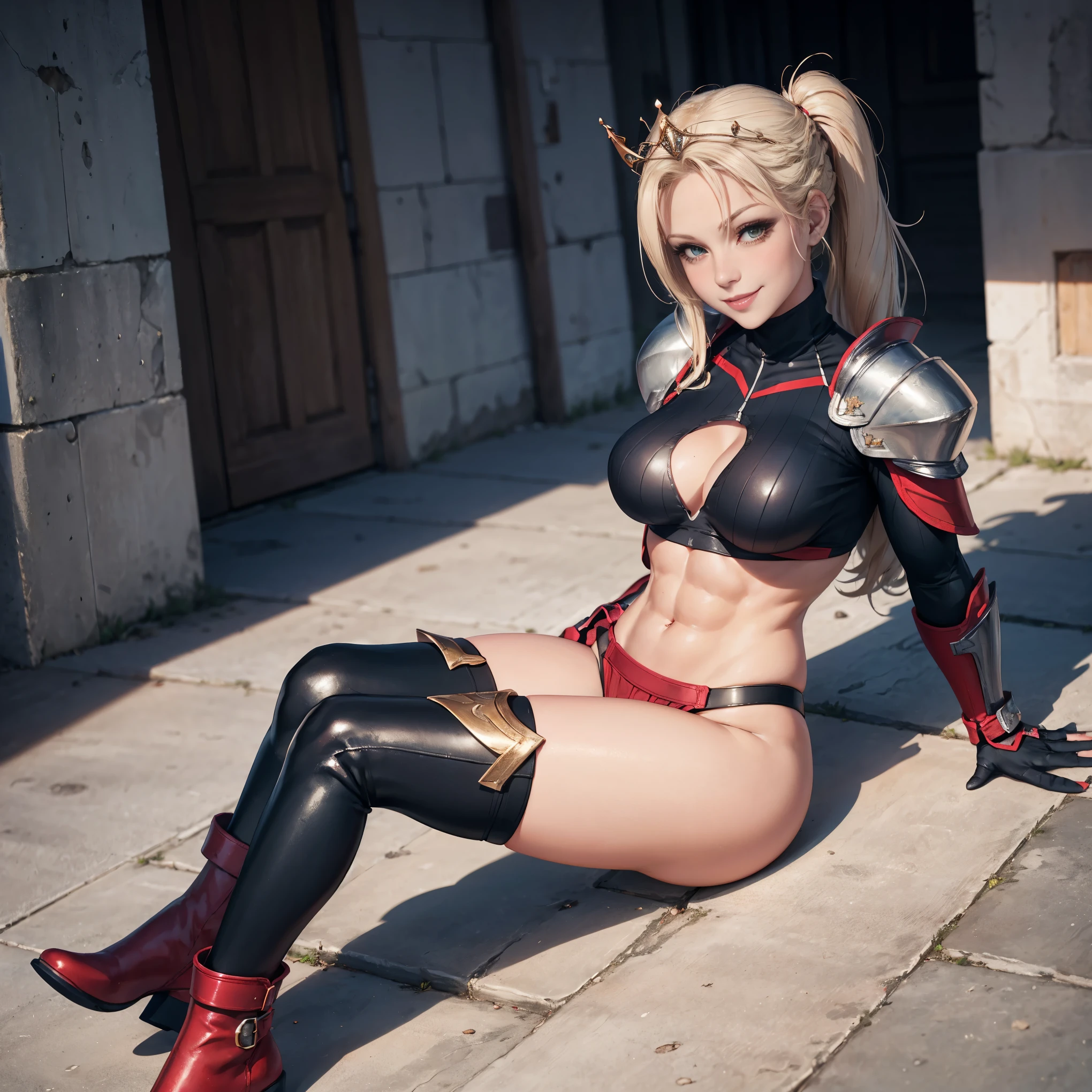 Lancer Artoria body (Alexis Texas Face), elegant adult female, blonde, green eyes (yellow eyelashes) crown, turtleneck, full body sitting on a bench, showing to me, RED brete, RED skin (1SologirlD skin:1.2), looking at viewer, shiny, armor, thigh highs, high boots, pauldrons shoulder armor, faulds, poleyn, RED gloves gauntlets, rerebrace, RED military armored boots, yordle muscular lean platinum blonde long twin tails hairstyle at the bedroom lustful smig smile face red blushed, blush, strong abs, female body builder, tiara, twin drills hair, (masterpiece, best quality, ultra detailed, best shadow)