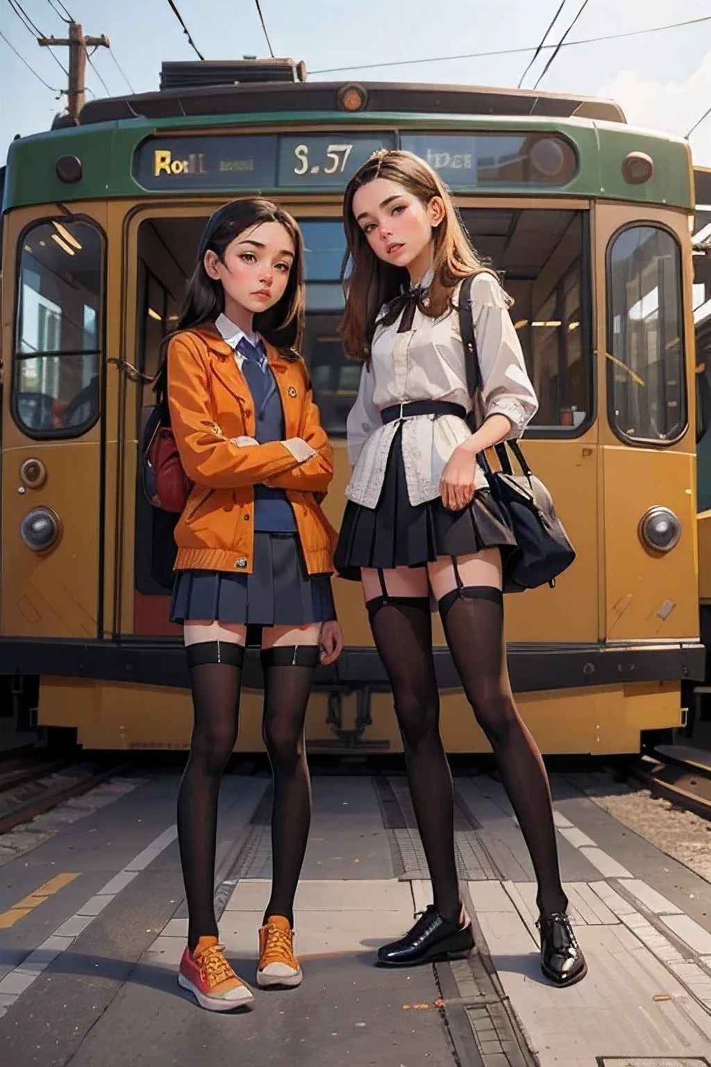 2 females  young pretty skinny body Pretty teens model 13 years old upskirt, upskirting longs legs alluring lace stockings . there is a train that is stopped at the station for passengers, trams, street tram, tram, trams) ) ), sidewalks, guidelines, 4 0 9 6, street viewpoint, ground view, ground level medium shot, 1505, bus station, Orange Line, Precise lines, short perspective, Incredibly Detailed, Sharp Lines