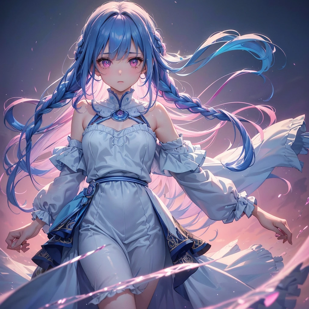 Sky Blue Medium Hair, (Braided Hair),(Pink Eyes),Fair skin ,(whole body),(1 girl)rain,Water Dancer、、Straight bangs,(masterpiece, Highest quality, Very detailed, Best Shadow), (Detailed Background), (Beautifully detailed face), High Contrast, (Best lighting, Very delicate and beautiful), ((Cinematic Light)), colorful, Hyper Detail, Dramatic Light, Intricate details,