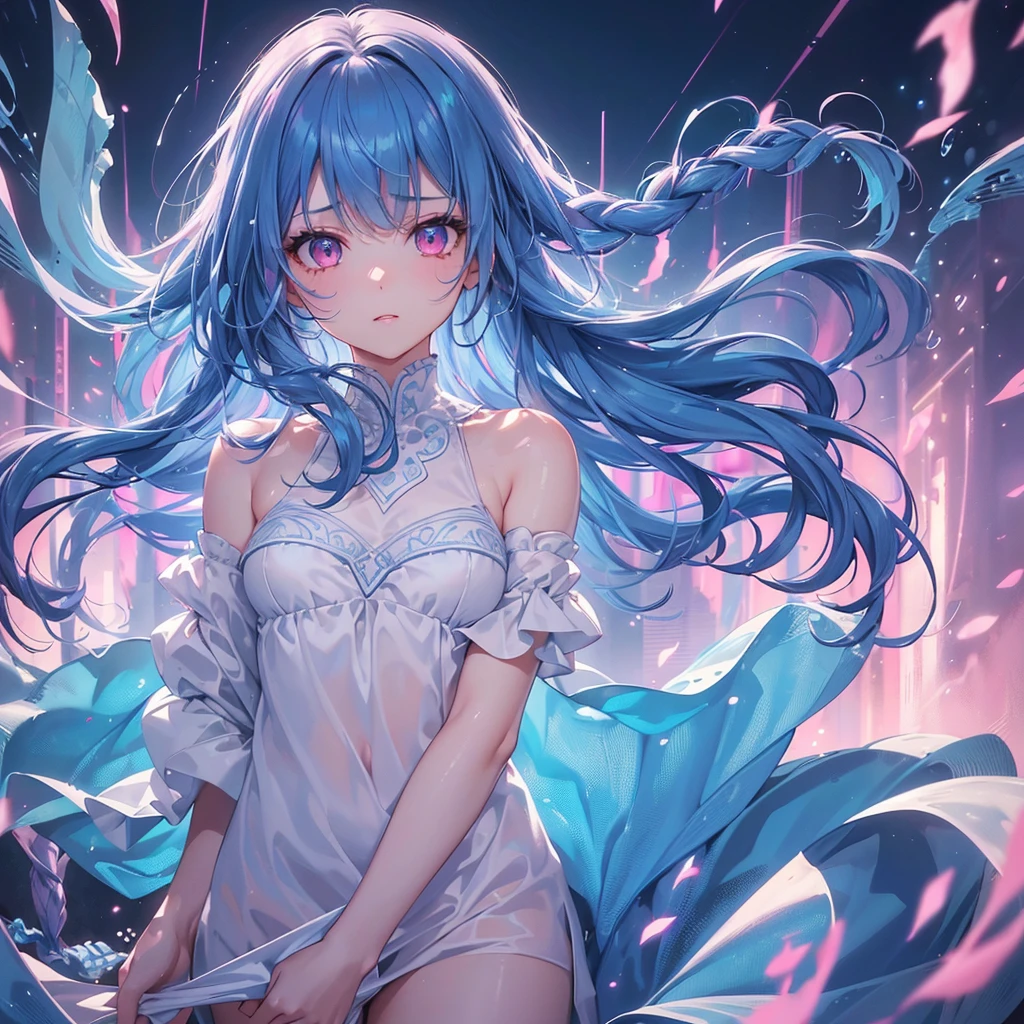 Sky Blue Medium Hair, (Braided Hair),(Pink Eyes),Fair skin ,(whole body),(1 girl)rain,Water Dancer、、Straight bangs,(masterpiece, Highest quality, Very detailed, Best Shadow), (Detailed Background), (Beautifully detailed face), High Contrast, (Best lighting, Very delicate and beautiful), ((Cinematic Light)), colorful, Hyper Detail, Dramatic Light, Intricate details,