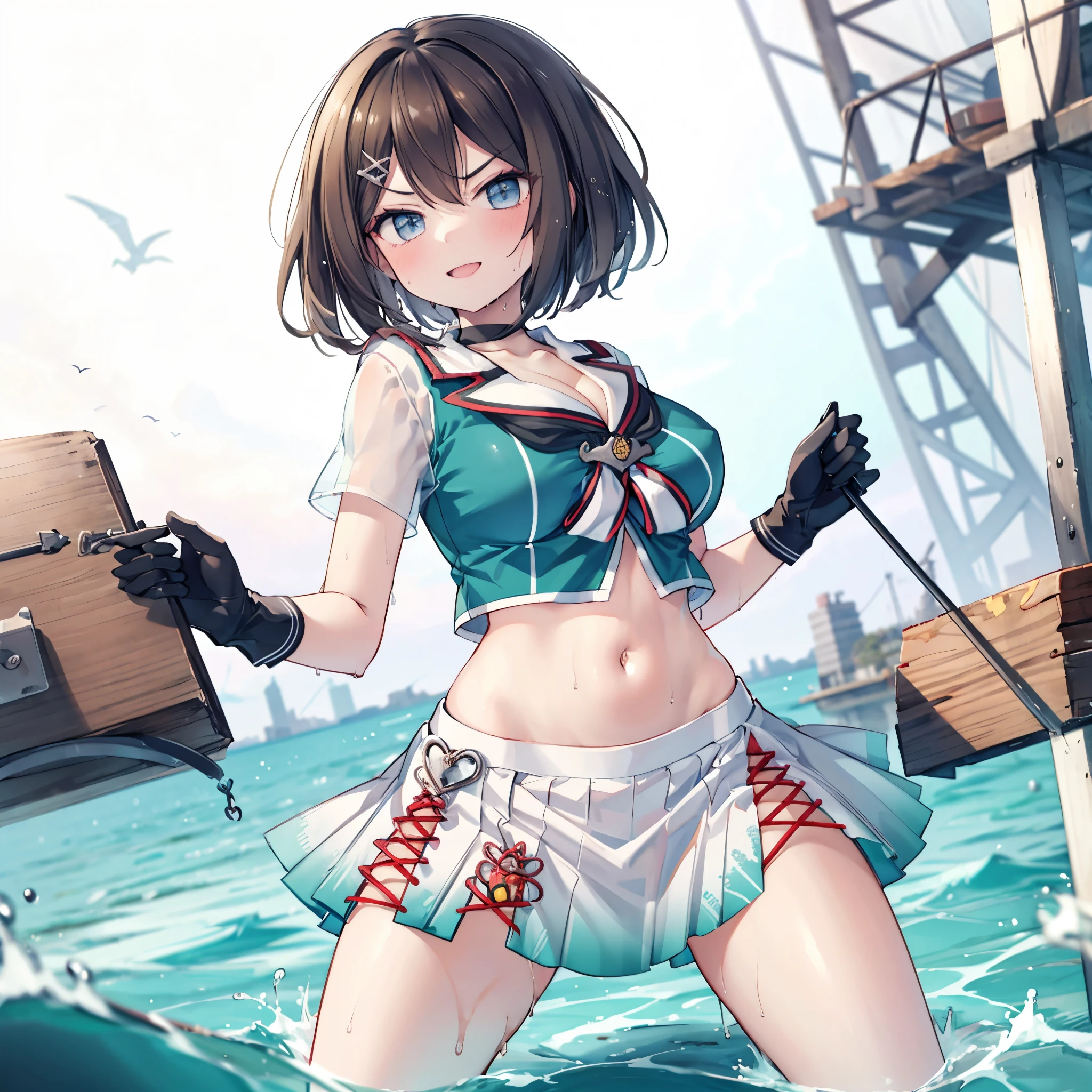 1young__ girl, , brown_hair, medium_bob_hair, blue_midriff_baring_sailor_uniform, mini_skirt, short_sleeve, thighs, gigantic_breasts, angry, smile,nihil,standing, harbor_background, slightly_spread_Legs, happiness, short_gloves, wet,,covered_nipples, covered_crotch,Maya_flag,