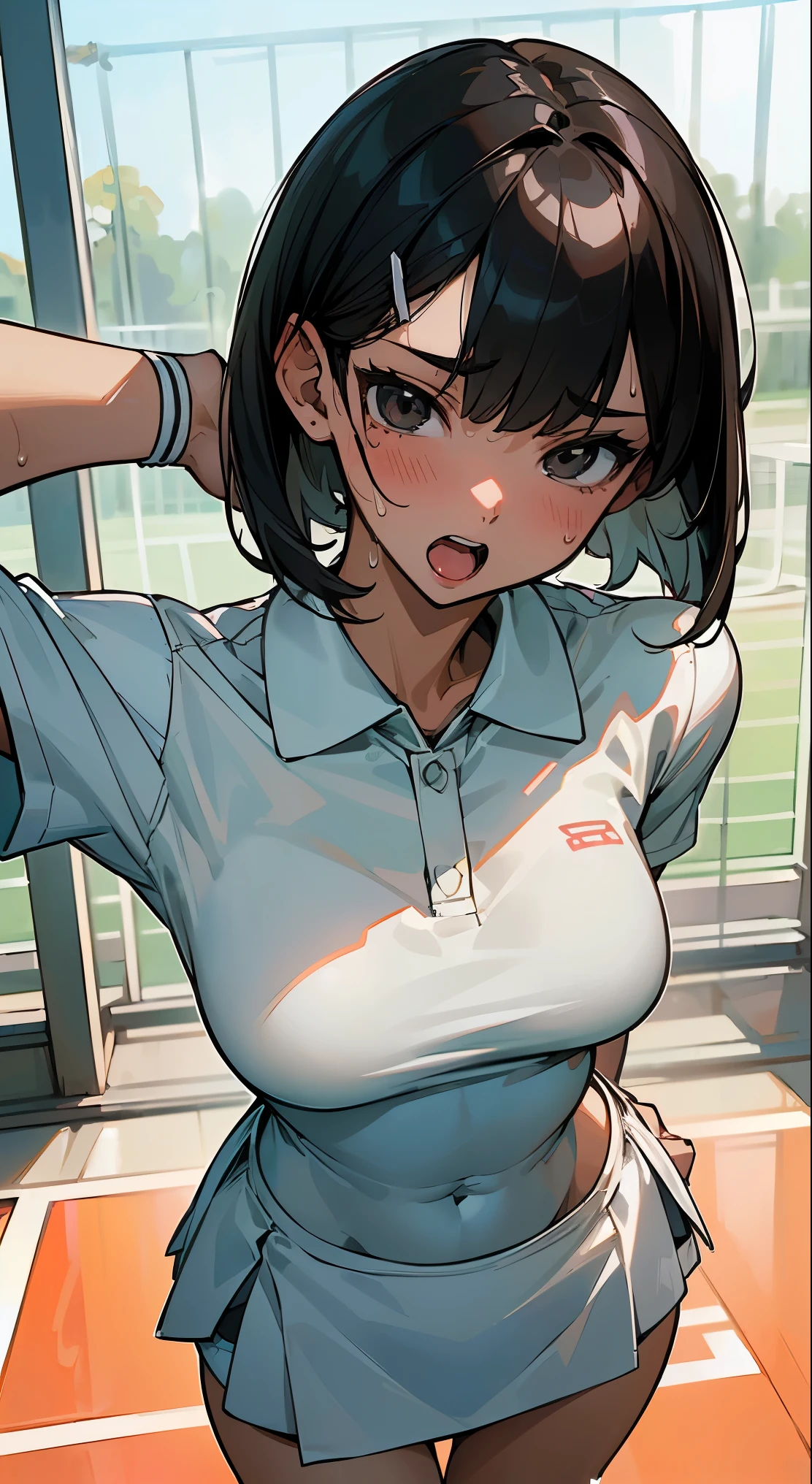 ((Masterpiece)), (((Best Quality))),(Beautiful Detailed anime FACE),Ultra High Resolution, Caustics, Detailed,Perfect Anatomy,nsfw,cowboy shot,solo20 year old beauty、Japanese、black hair,short bob hair,black eyes,slender body,ideal ratio body proportions,medium breasts,tan skin,gleaming skin,oily skin,shiny skin,hands behind head,squatting,training、painful expression、blush、open mouth,(White tennis wear、body-conscious、white tight polo shirt、white tight mini skirt、perfect white panties,sweat:1.3),outdoors、Tennis court、