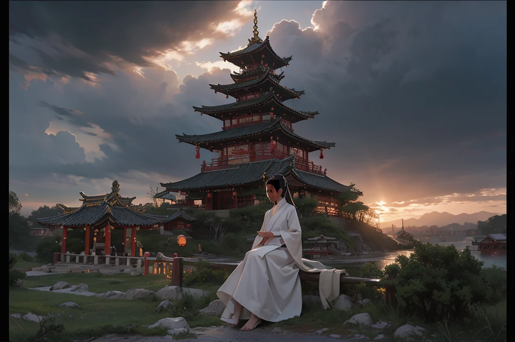 (zwd),(RAW photo, best quality), (realistic, photo-realistic:1.3), extremely delicate and beautiful, Amazing, finely detail, masterpiece, ultra-detailed, highres, (best photograph), (best shadow), intricate, A beautiful female Taoist priest wearing white see through robe, hair bun, sits on the eaves of the Taoist temple, overlooking the meditating priests below. In the distance, there are pavilions, towers, and distant mountains adorned with floating clouds,(loong in the background:1.3) ,sunset, storm, fog, clouds, sharp focus, volumetric fog, 8k UHD, DSLR, high quality, (film grain:1.4), Fujifilm XT3, . Insane details,monster, night sky, night,